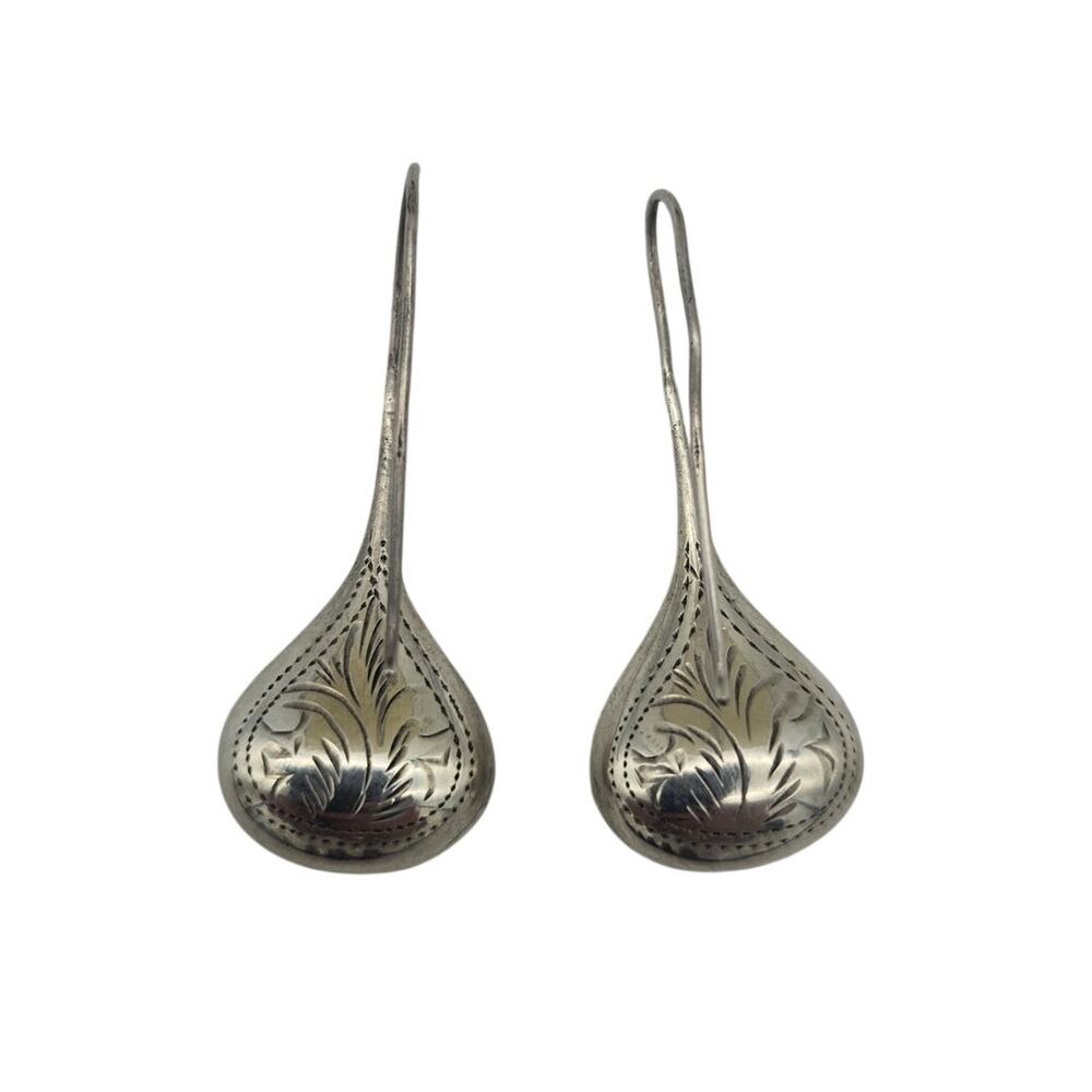 Vintage Estate Sterling Silver Hand Engraved Teardrop Shaped Dangle Earrings 2"